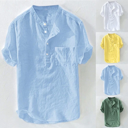 Sommer Herren Leinen Baumwolle Kurzarm Knopfleiste Hemden Brusttasche Bluse Tops  - Bild 1 von 14