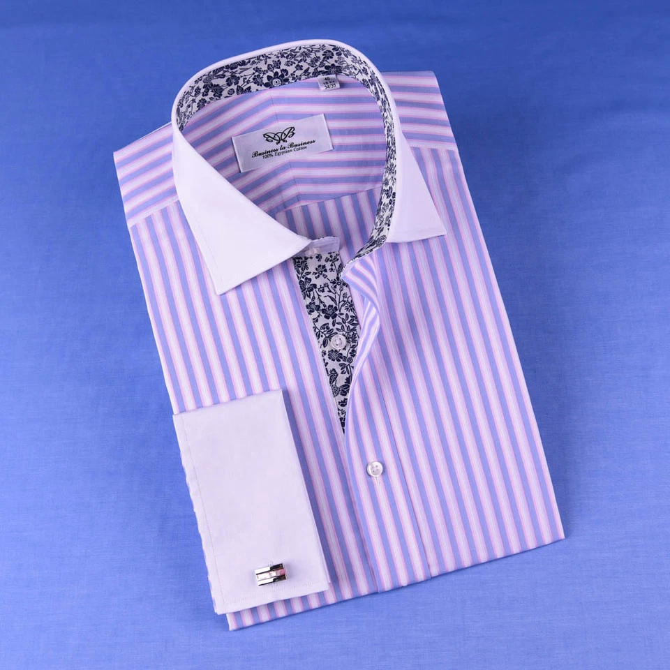 Camisa de vestir a rayas de color púrpura claro blanca popelina puño en contraste top de negocios Foto 2 de 4