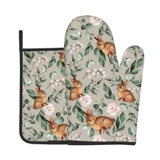 Cute Bunnies Pink Flower Oven Mitts and Pot Holders Rabbit Heat Resistant Ove...