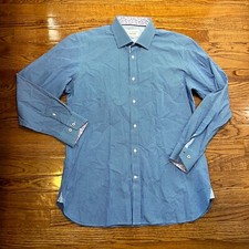Ted Baker Shirt Men 16 Blue Plaid Endurance Preppy Flip Cuff Button Front Cotton