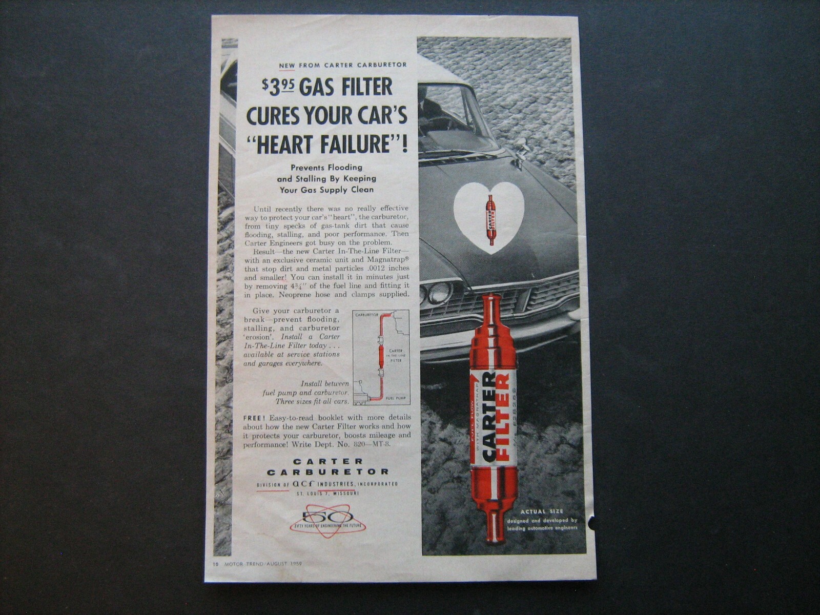 1959 Carter Carburetor Fuel Filter vintage ad from nice private