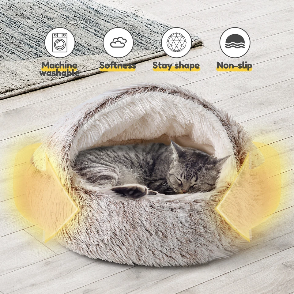 Cat Bed Cave Round Plush Fluffy Hooded Cat Bed Donut Self Warming Pet Dog Bed - Image 4 of 4