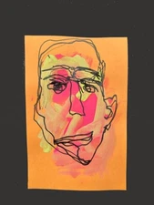 Man Portrait Painting Naive Outsider 4x6 Small Affordable Art  Orange April Fool