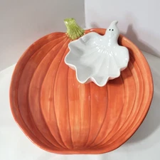 Vintage Halloween 1987 Fitz & Floyd Ghost Pumpkin Chips & Dip Bowl Fruit Veggies