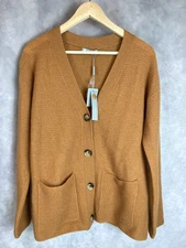 NWT InCashmere 100% Cashmere Women's M Ribbed Cardigan Sweater Pockets Caramel