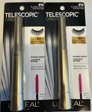 2 L'Oreal LOREAL Paris Telescopic Washable Mascara 0.27oz 910 Blackest Black NEW