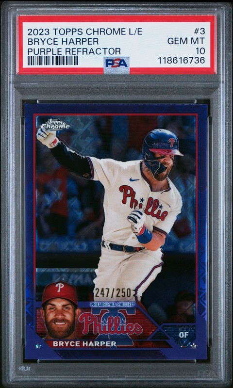 2023 Topps Chrome Logofractor Bryce Harper #3 Purple Refractor 247/250 PSA 10