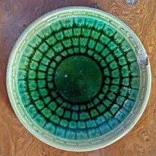 Nineteenth Century Majolica Butter Pat. Geometric Green Surrounding Deep Green.