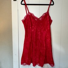 Victoria's Secret Gold Label Womens Slip Dress Nightgown Size L Red Lace Vtg