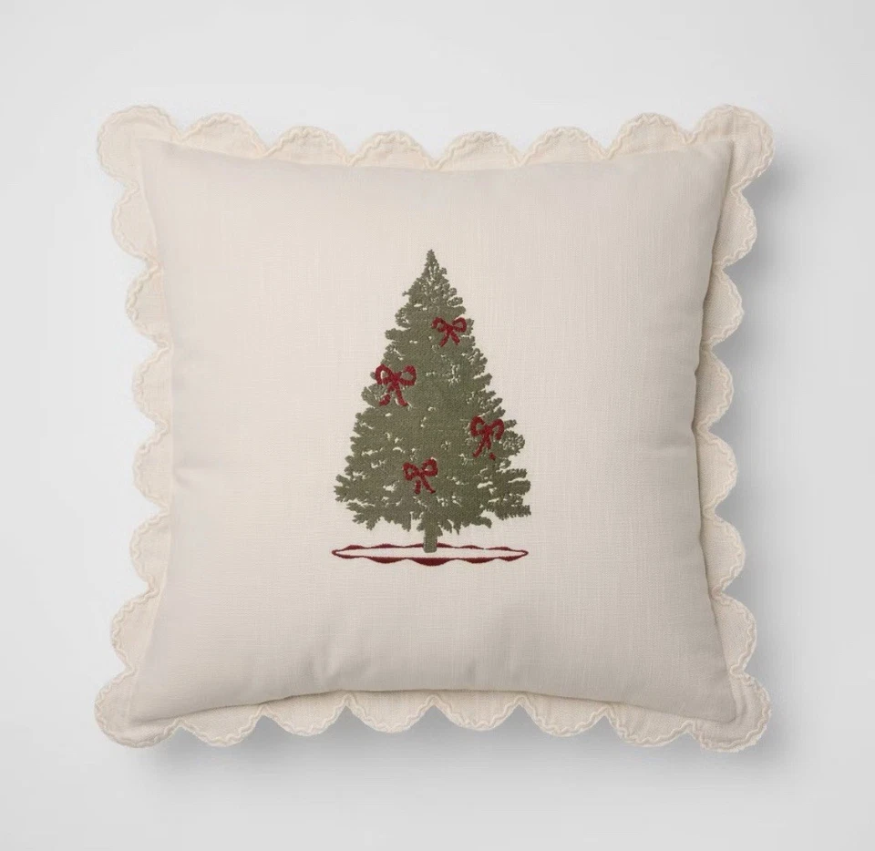 20"x20" Embroidered Tree and Scalloped Edge Pillow Cream- Threshold Studio McGee - Image 2 of 4
