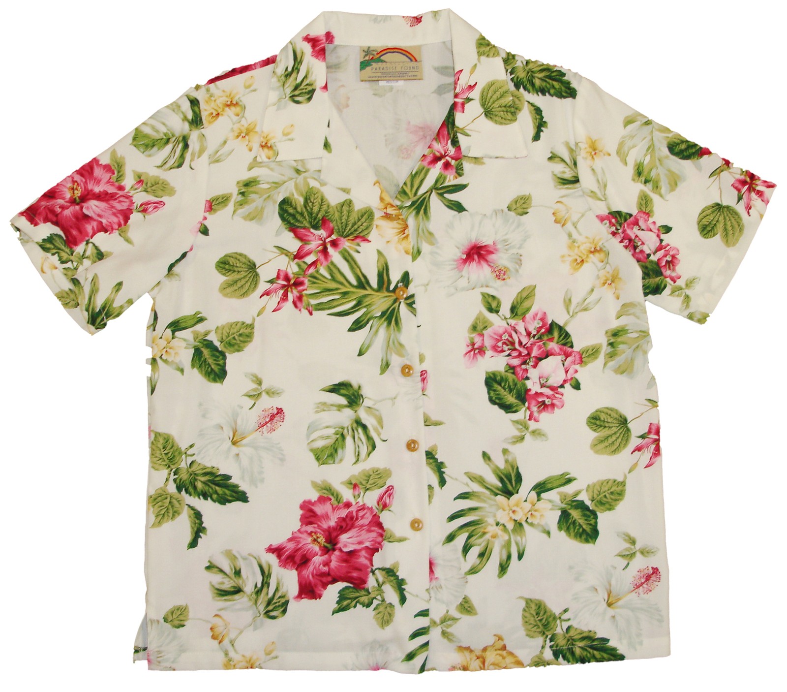 Camisa de campamento hawaiana para mujer Bougainvillea, blanca, XS