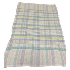 Vtg Beacon baby blanket Pastel Stripe Plaid Cotton Knit Waffle Weave Blue Yellow