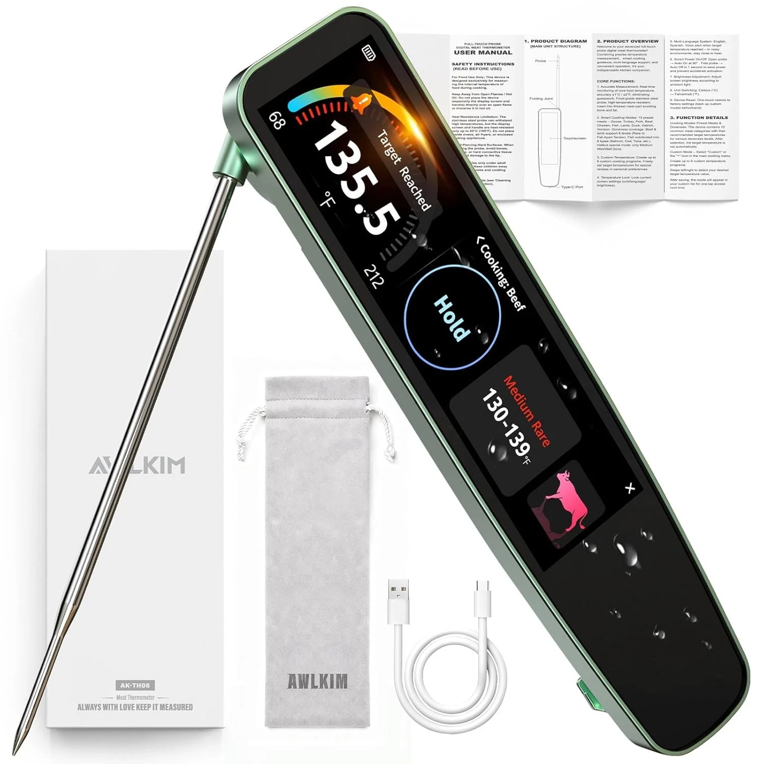 0.5s Instant Read Smart Meat Thermometer Digital 3.8″ HD Touchscreen W/ Temp-OS