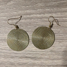 Gold Round Textured Disc Dangle Earrings Hook...
