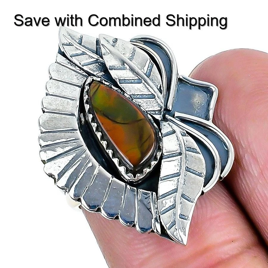 Anillo de plata esterlina 925 con piedras preciosas de ammolita de Halloween talla 6 Foto 3 de 4