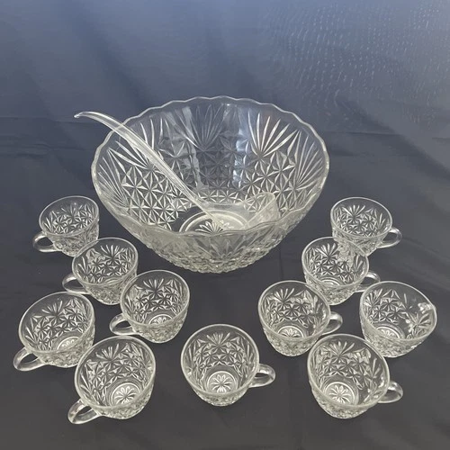 Anchor Hocking Punch Bowl 13 Piece Set Arlington Pattern Original Box Vintage