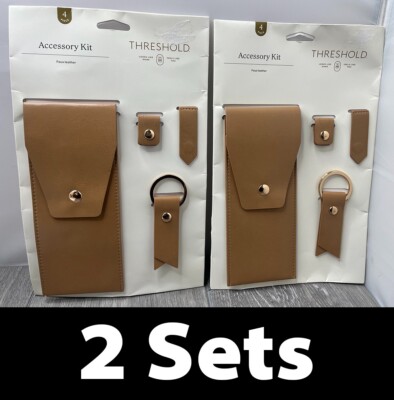 2 Sets 4pc Faux Leather Accessory Kits: Pouch, Bookmark, Cord Holder, Keychain