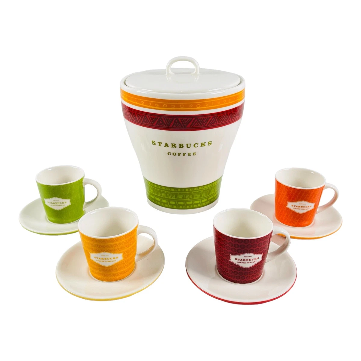 Starbucks Spring 2005 Coffee Canister w/ 4pc Espresso Demitasse Cups & Saucers