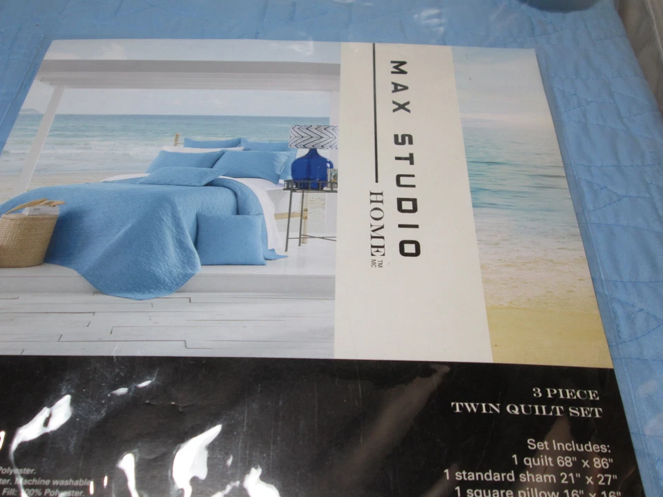 3 pcs Max Studio Blue Fish Stitches Twin Quilt, Sham & Square Decor Pillow NEW - Image 2 of 4