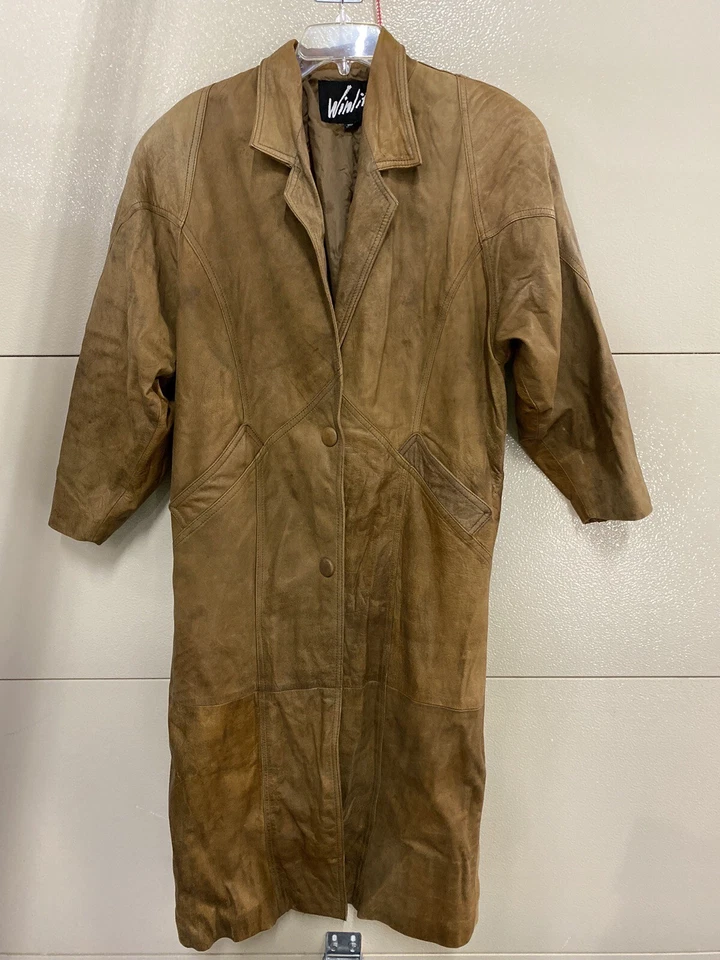 ABRIGO LARGO GABARDINA DE CUERO MARRÓN VINTAGE AÑOS 80 90 WINLIT (Ver medidas)