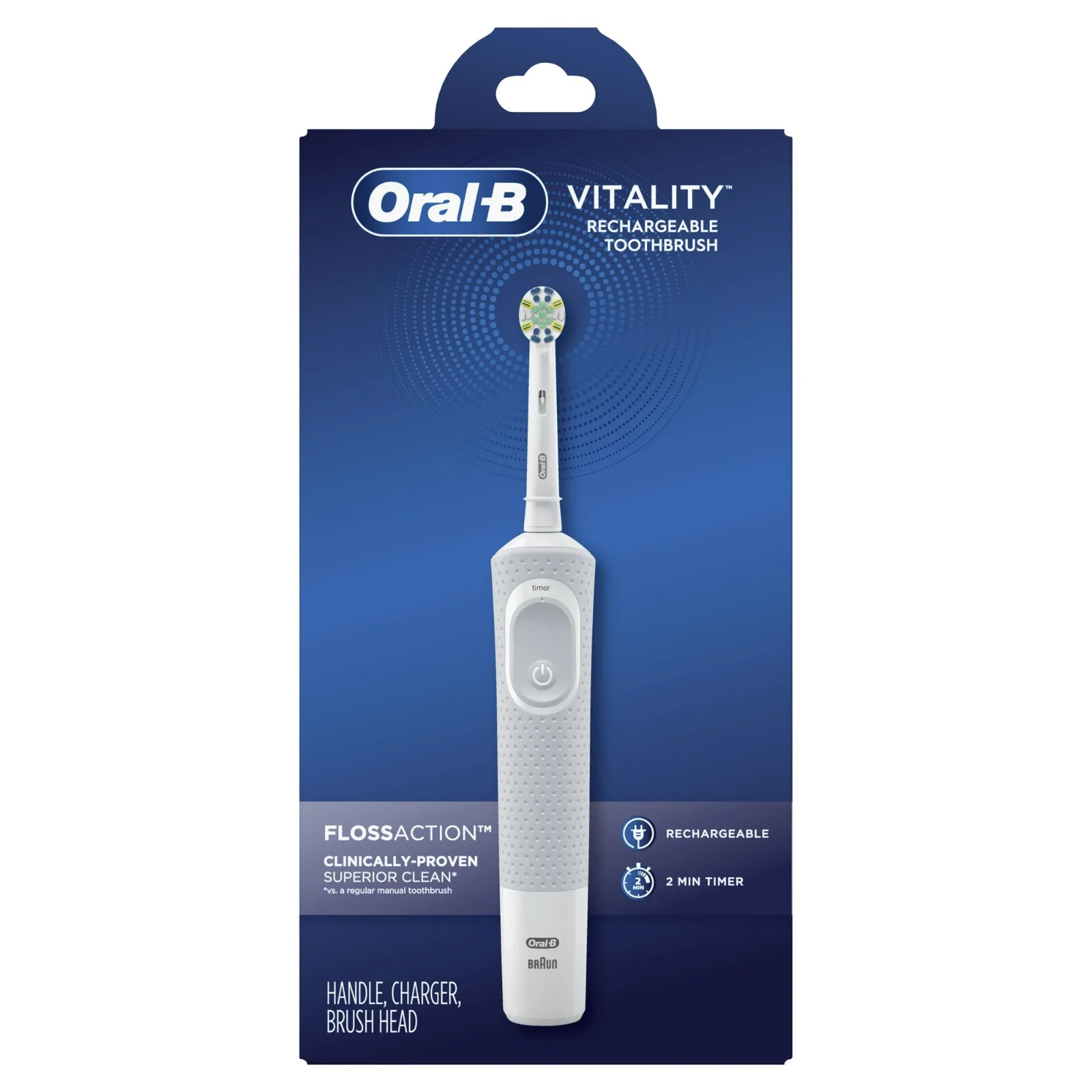 Vitality FlossAction Rechargeable Electric Toothbrush, White, Adults & Ch