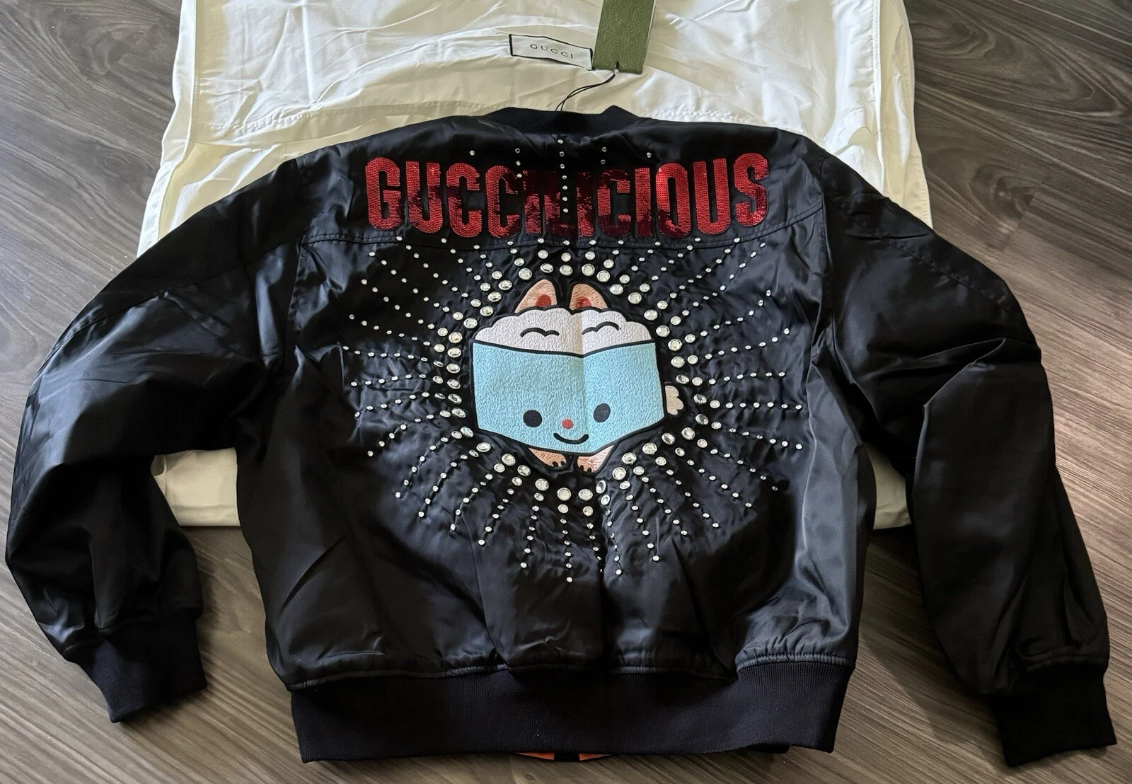 Veste noire réversible graphique GUCCI x Pikarar applique cristaux IT42 M US6 neuve avec étiquette