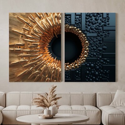 XXL LEINWAND BILD SET MODERNE ABSTRAKTE KUNST SCHWARZ-GOLD-3D-OPTIK WANDBILD