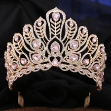 Princess gold crown, Pink Crystal Crown, Peacock Tail Shape, Stunning Headpiece