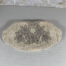 VINTAGE Ivory White Beaded Clutch Handbag Purse Made in Belgium Kiss Clasp AS IS
