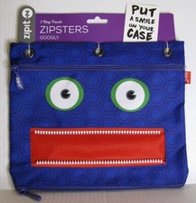 ZipIt Zipsters Purple Googly Monster 3 Ring Two Pouch Pencil Supplies Case NEW 