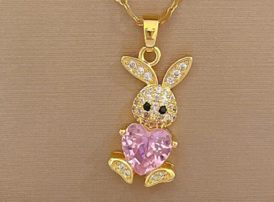 Rabbit Necklace for Valentine Heart Lab Created Sapphire 14K Yellow Gold Plated