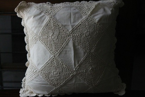 3 LINEN LACE CUSHION COVER BEIGE COLORED 16 inches X 16 inches Handmade - Picture 2 of 2