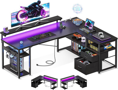 L Shaped Gaming Desk with File Drawers, Reversible Computer Desk with Power Outl