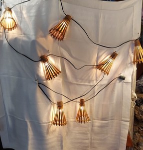 Vtg genuine split rattan bamboo wicker hanging patio Tiki 7 light set, 12 feet