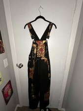 RARE Revolt Denim Overalls Bib Hand Painted Roses Black Artist Pattern Small VTG