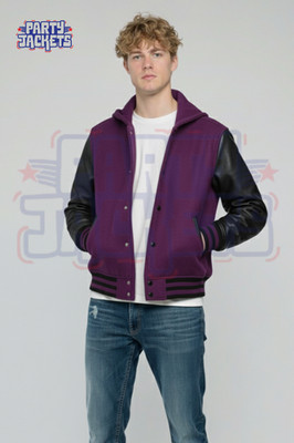 Handmade Unisex Purple Hooded Varsity Jacket
