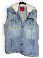 GUESS Mens Hooded Sleeveless Denim Vest Sz L Light Wash Button Up Cotton Blend