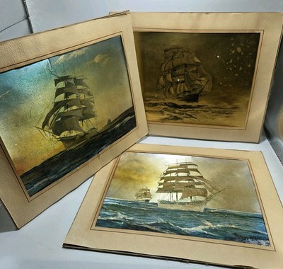 Vintage Lot Of 3 English Metal Etching Prints Clipper Ships Nautical ~10 x ~8''  