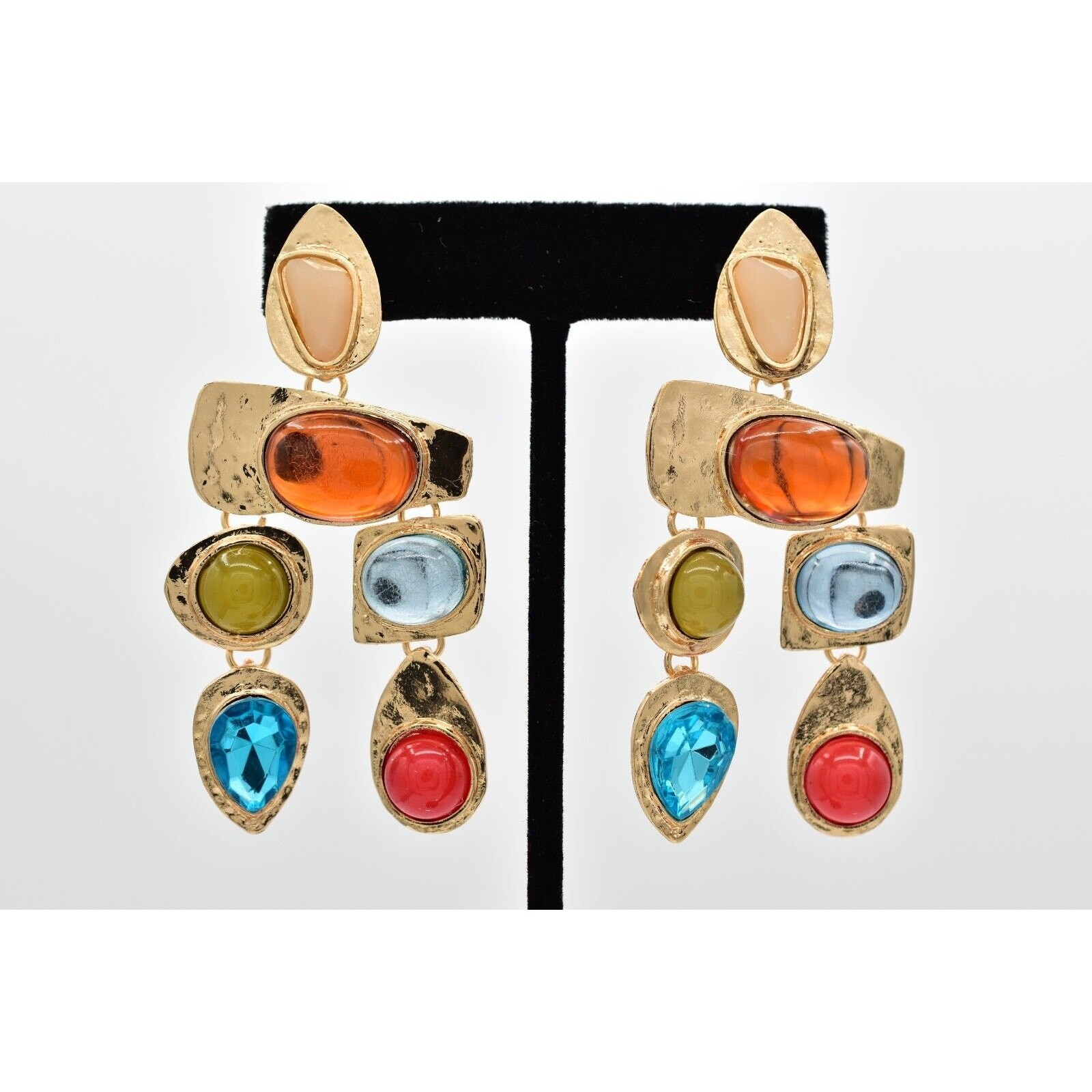 Statement Multi-Stone Drop Earrings Cabochon Crys… - image 1