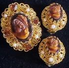 Vintage W. GERMANY Cameo Brooch & Clip-on Earrings Set Costume Jewelry Glass
