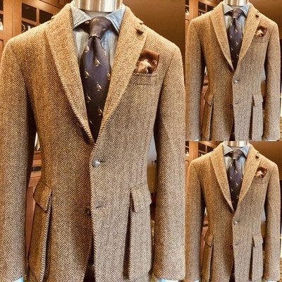Tweed Men's Safari Jacket Vintage Casual Coat Herringbone Blazer Long Jacket