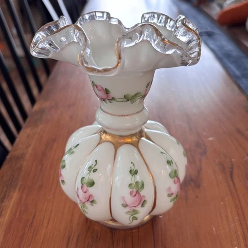 Vintage Fenton Charleton Roses Silver Crest Crimpled Milk Glass Melon Style Vase