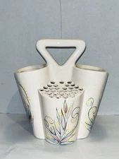 VTG Byron Mold Pottery Frog Flower Vase Utensil Holder White Colorful CRAZING