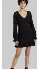 WOMEN'S LONG SLEEVE BRUSHED LACE SKATER DRESS- WILD FABLE BLACK S - NEW W/TAGS