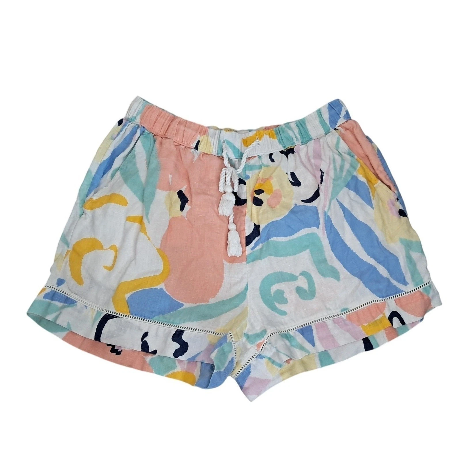 Rachel Zoe Womens Pastel Abstract Floral 100% Linen Shorts Tassel Ruffle Size M