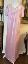 VTG Long Pink Silky Nylon Nightgown Size S Embroidered Yolk Grandma
