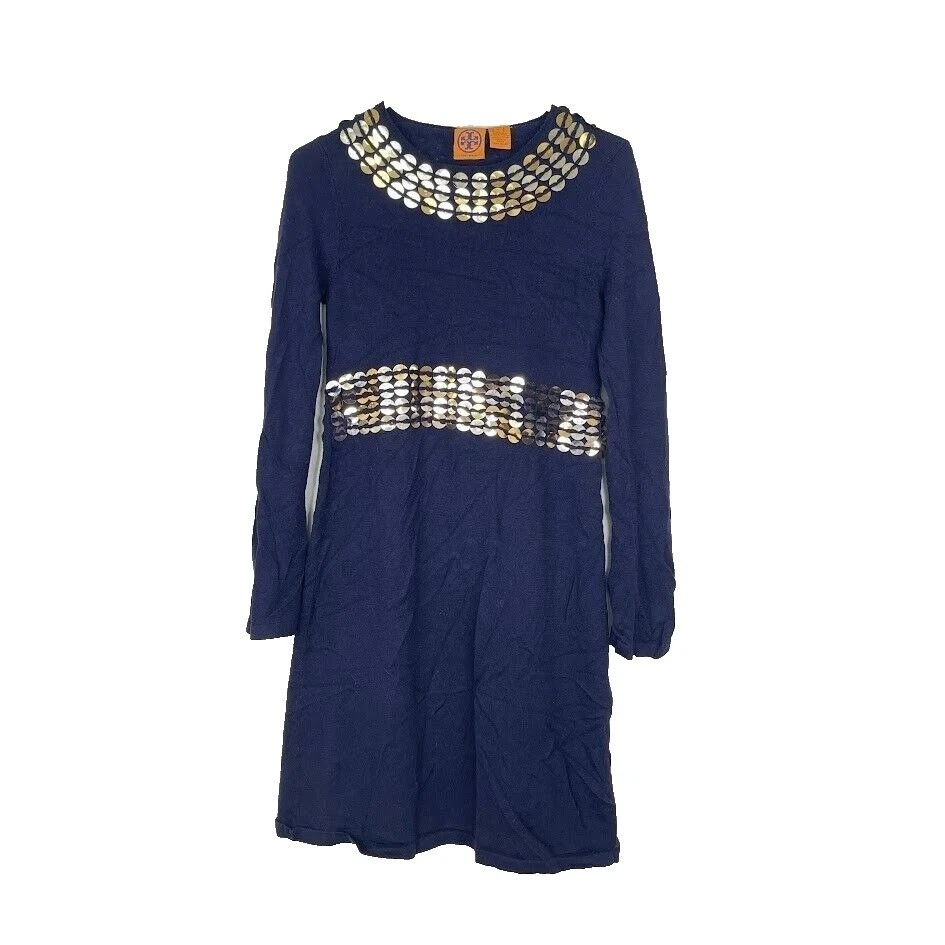 Tory Burch Wool Sequin Long Sleeve Sweater Dress Navy Blue Career Party Size M - Image 2 of 4