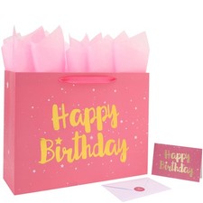 16.5 Extra Large Pink Happy Birthday Gift Bag Set with Handles, Greeting
