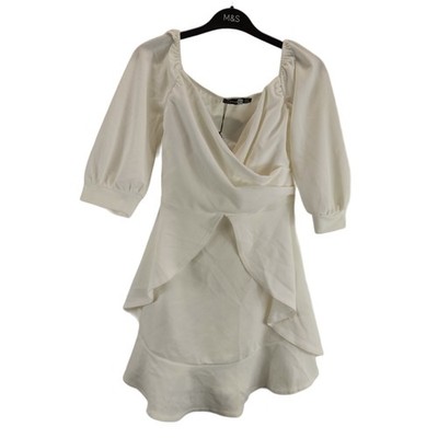 boohoo night womens dress white theresa ruffle detail wrap skater size 12 uk