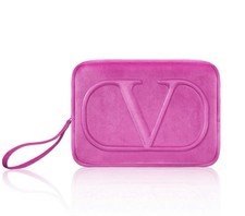 Valentino Beauty Small Hot Pink Velvet Travel Pouch Makeup Wrist Bag Clutch